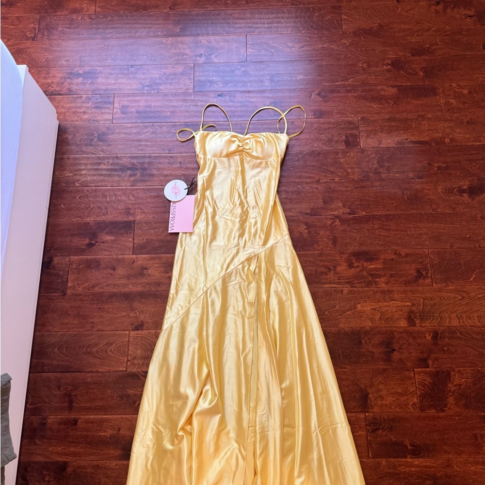 Yellow Pleated Spaghetti Strap Maxi Gown